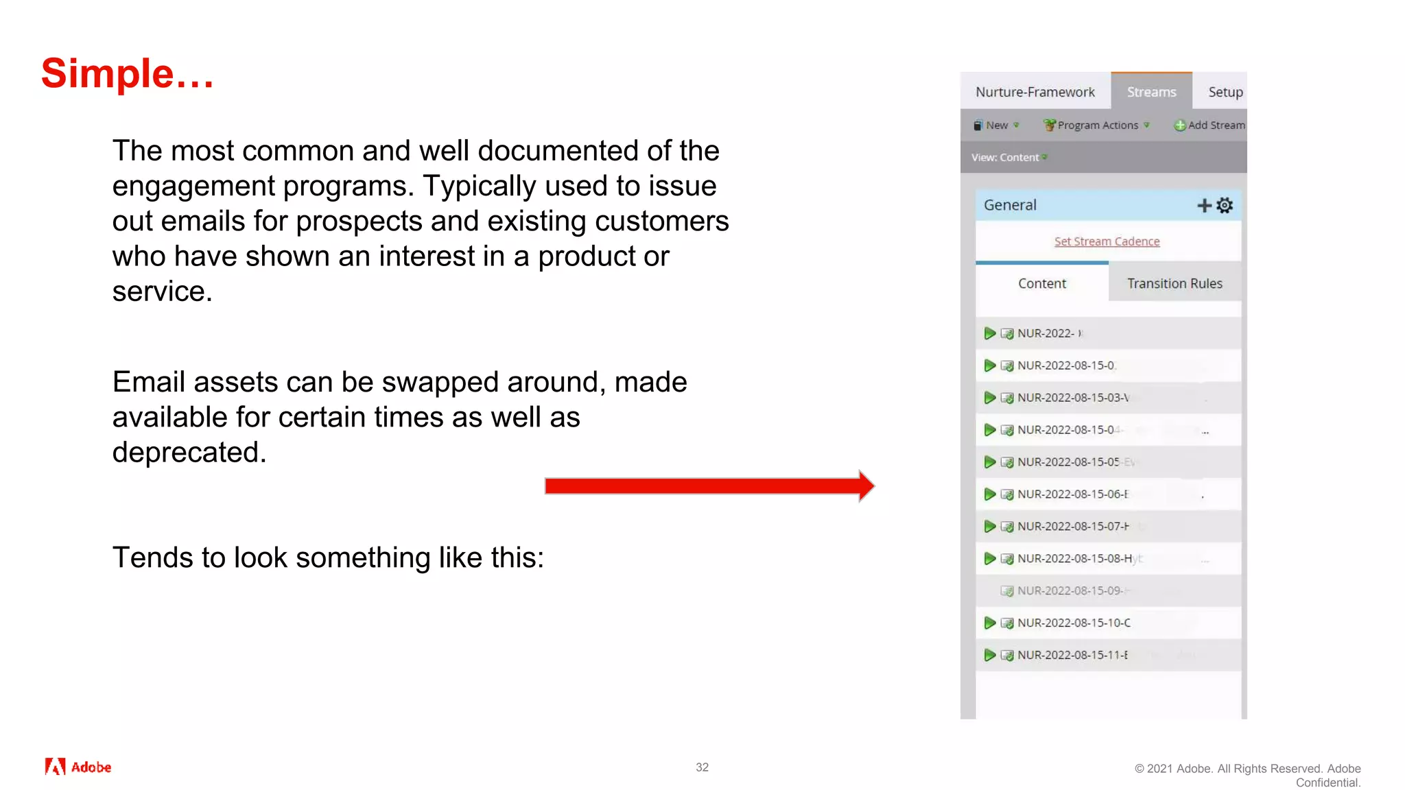 © 2021 Adobe. All Rights Reserved. Adobe
Confidential.
Simple…
32
The most common and well documented of the
engagement programs. Typically used to issue
out emails for prospects and existing customers
who have shown an interest in a product or
service.
Email assets can be swapped around, made
available for certain times as well as
deprecated.
Tends to look something like this:
 