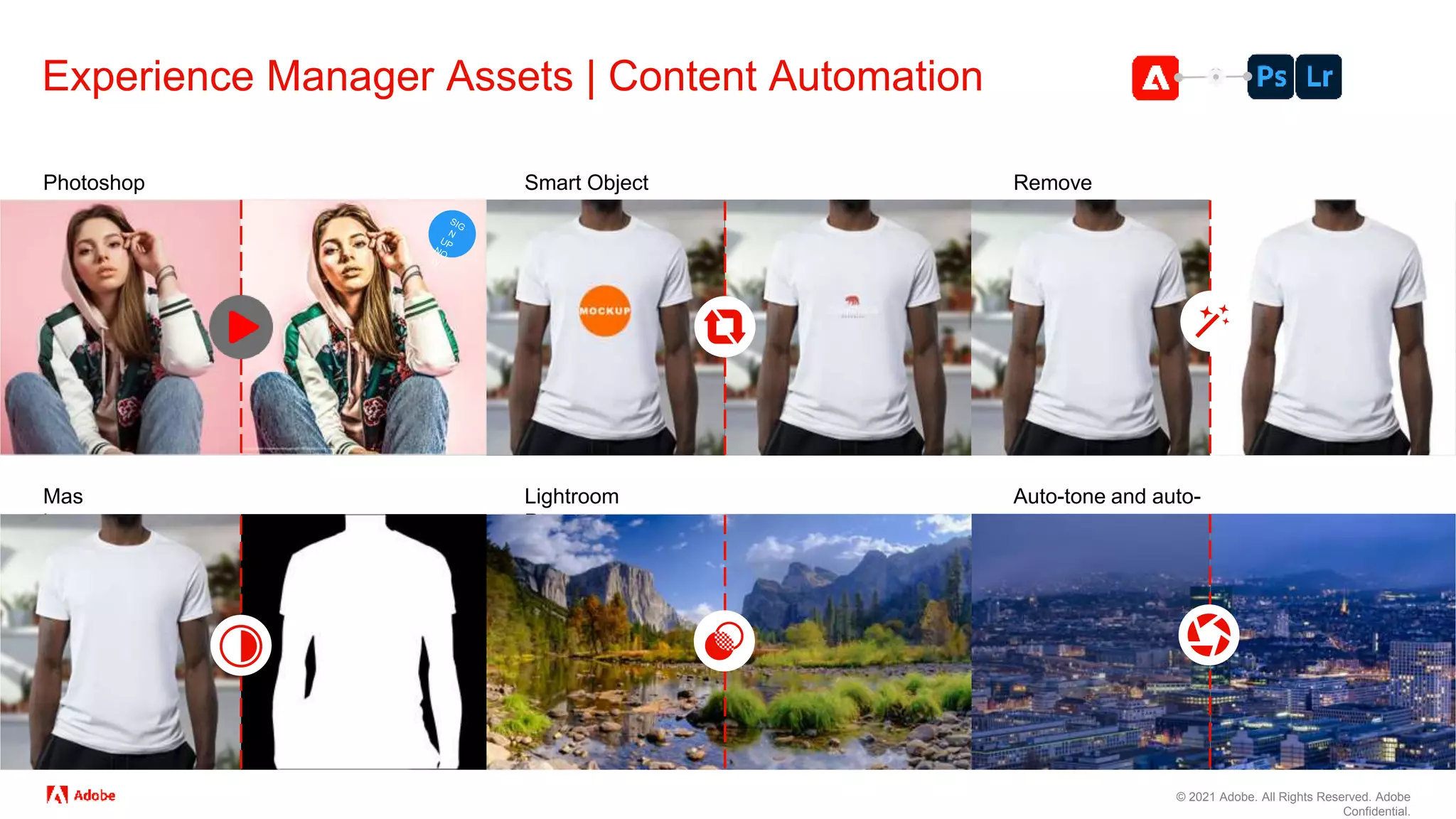 © 2021 Adobe. All Rights Reserved. Adobe
Confidential.
Experience Manager Assets | Content Automation
47
Photoshop
Actions
Smart Object
Replace
Remove
Background
Mas
k
Lightroom
Presets
Auto-tone and auto-
straighten
 