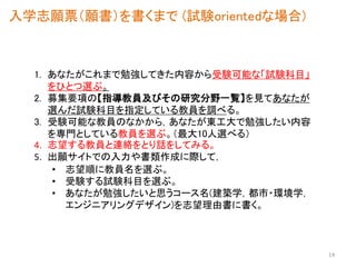 入学志願票（願書）を書くまで (試験orientedな場合)
1. あなたがこれまで勉強してきた内容から受験可能な「試験科目」
をひとつ選ぶ。
2. 募集要項の【指導教員及びその研究分野一覧】を見てあなたが
選んだ試験科目を指定している教員を調べる。
3. 受験可能な教員のなかから，あなたが東工大で勉強したい内容
を専門としている教員を選ぶ。（最大10人選べる）
4. 志望する教員と連絡をとり話をしてみる。
5. 出願サイトでの入力や書類作成に際して，
• 志望順に教員名を選ぶ。
• 受験する試験科目を選ぶ。
• あなたが勉強したいと思うコース名(建築学，都市・環境学，
エンジニアリングデザイン)を志望理由書に書く。
14
 