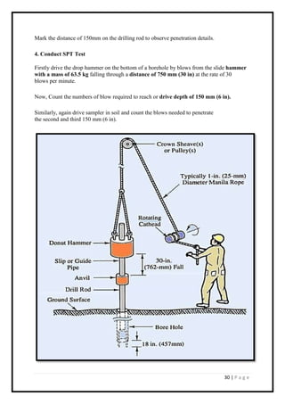 30 | P a g e
Mark the distance of 150mm on the drilling rod to observe penetration details.
4. Conduct SPT Test
Firstly drive the drop hammer on the bottom of a borehole by blows from the slide hammer
with a mass of 63.5 kg falling through a distance of 750 mm (30 in) at the rate of 30
blows per minute.
Now, Count the numbers of blow required to reach or drive depth of 150 mm (6 in).
Similarly, again drive sampler in soil and count the blows needed to penetrate
the second and third 150 mm (6 in).
 