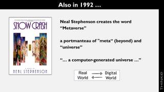 Also in 1992 …
Real
World
Digital
World
Neal Stephenson creates the word
“Metaverse”
a portmanteau of "meta“ (beyond) and
“universe”
“… a computer-generated universe …”
 