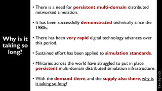 Why is it
taking so
long?
• There is a need for persistent multi-domain distributed
networked simulation.
• It has been successfully demonstrated technically since the
1980s.
• There has been very rapid digital technology advances over
this period.
• Sustained effort has been applied to simulation standards.
• Militaries across the world have struggled to put in place
persistent multi-domain distributed simulation infrastructure.
• With the demand there, and the supply also there, why is
it taking so long?
 