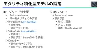 ➢OMNIVORE
• Swin-transformer
•
• IN1K
• K400
• SUN Single-view 3D
◼
• Swin-transformer
•
➢ImageSwin [Liu+, ICCV2021]
•
• IN1K
➢VideoSwin [Liu+, arXiv2021]
•
• ImageSwin
➢DepthSwin
• Single-view 3D
• ImageSwin
 