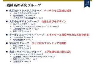 機械系の研究グループ
 広領域ナノシステムグループ ナノテクを広領域に展開
• マルチサイエンスフィールド
• 超高精細加工フィールド
• バイオメディカル融合フィールド
 人間中心デザイングループ 快適と喜びをデザイン
• ロボティクスフィールド
• ヒューマン・マシン・インターフェイスフィールド
• 人間環境デザインフィールド
• 医用工学フィールド
 カーボンニュートラルグループ エネルギーと環境のために英知を結集
• エネルギーフィールド
• 環境熱流体フィールド
 宇宙航空グループ 空と宇宙のフロンティアを開拓
• 宇宙工学フィールド
• 航空工学フィールド
 先進ソリューショングループ 工学知識を最大限に活用
• シミュレーション工学フィールド
• 先進材料・マニュファクチャリングフィールド
• 知的センシングフィールド
• 先進設計フィールド
 