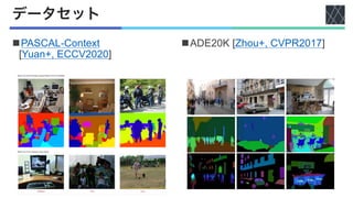 データセット
nPASCAL-Context
[Yuan+, ECCV2020]
nADE20K [Zhou+, CVPR2017]
 