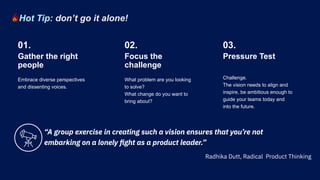 Embrace diverse perspectives
and dissenting voices.
What problem are you looking
to solve?
What change do you want to
bring about?
Gather the right
people
01.
Focus the
challenge
02.
“A group exercise in creating such a vision ensures that you’re not
embarking on a lonely ﬁght as a product leader.”
Challenge.
The vision needs to align and
inspire, be ambitious enough to
guide your teams today and
into the future.
Pressure Test
03.
Radhika Dutt, Radical Product Thinking
Hot Tip: don’t go it alone!
 