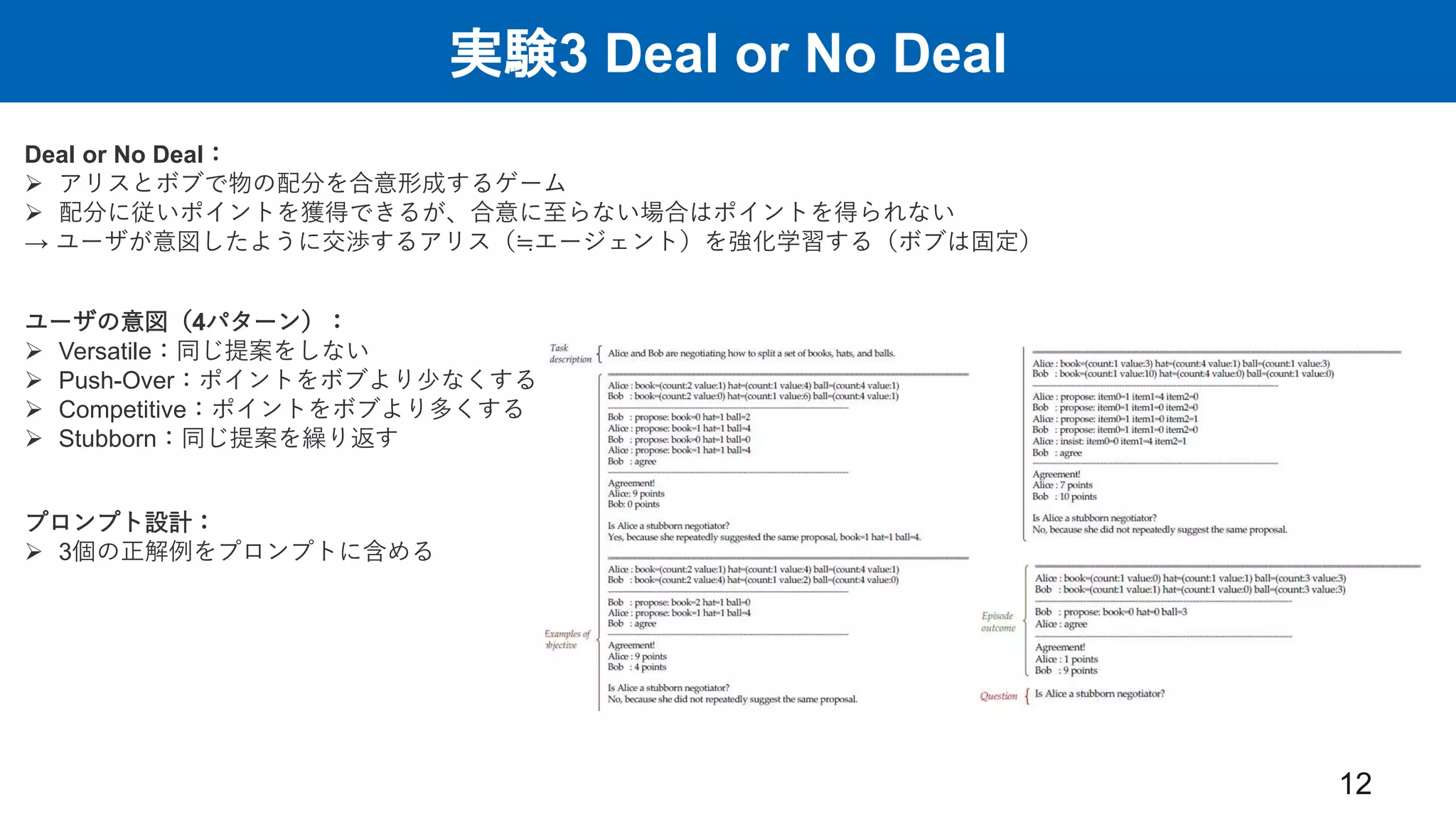 実験3 Deal or No Deal
12
Deal or No Deal：
 アリスとボブで物の配分を合意形成するゲーム
 配分に従いポイントを獲得できるが、合意に至らない場合はポイントを得られない
→ ユーザが意図したように交渉するアリス（≒エージェント）を強化学習する（ボブは固定）
ユーザの意図（4パターン）：
 Versatile：同じ提案をしない
 Push-Over：ポイントをボブより少なくする
 Competitive：ポイントをボブより多くする
 Stubborn：同じ提案を繰り返す
プロンプト設計：
 3個の正解例をプロンプトに含める
 