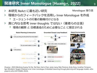 Copyright © 2020 調和系工学研究室 - 北海道大学 大学院情報科学研究院 情報理工学部門 複合情報工学分野 – All rights reserved.
Copyright © 2020 調和系工学研究室 - 北海道大学 大学院情報科学研究院 情報理工学部門 複合情報工学分野 – All rights reserved.
9
関連研究 Inner Monologue [Huang+, 2022]
本研究 ReAct に最も近い研究
環境からのフィードバックを活用し Inner Monologue を作成
エージェントの行動の動機付けとなる
真に内なる思考 inner thoughts ではない（著者らの主張）
環境の観察 と 目標達成のために必要なこと に限定される
Monologue: 独り言
[Huang+, 2022] Wenlong Huang, Fei Xia, Ted Xiao, Harris Chan, Jacky Liang, Pete Florence, Andy Zeng, Jonathan Tompson,
Igor Mordatch, Yevgen Chebotar, et al. Inner monologue: Embodied reasoning through planning with language models. arXiv
preprint arXiv:2207.05608, 2022b.
 