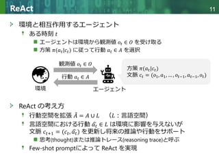 Copyright © 2020 調和系工学研究室 - 北海道大学 大学院情報科学研究院 情報理工学部門 複合情報工学分野 – All rights reserved.
Copyright © 2020 調和系工学研究室 - 北海道大学 大学院情報科学研究院 情報理工学部門 複合情報工学分野 – All rights reserved.
環境と相互作用するエージェント
ある時刻 𝑡𝑡
エージェントは環境から観測値 𝑜𝑜𝑡𝑡 ∈ 𝑂𝑂 を受け取る
方策 𝜋𝜋(𝑎𝑎𝑡𝑡|𝑐𝑐𝑡𝑡) に従って行動 𝑎𝑎𝑡𝑡 ∈ 𝐴𝐴 を選択
ReAct の考え方
行動空間を拡張 ̂
𝐴𝐴 = 𝐴𝐴 ∪ 𝐿𝐿 （𝐿𝐿：言語空間）
言語空間における行動 �
𝑎𝑎𝑡𝑡 ∈ 𝐿𝐿 は環境に影響を与えないが
文脈 𝑐𝑐𝑡𝑡+1 = (𝑐𝑐𝑡𝑡, �
𝑎𝑎𝑡𝑡) を更新し将来の推論や行動をサポート
思考(thought)または推論トレース(reasoning trace)と呼ぶ
Few-shot promptによって ReAct を実現
11
ReAct
エージェント
環境
行動 𝑎𝑎𝑡𝑡 ∈ 𝐴𝐴
観測値 𝑜𝑜𝑡𝑡 ∈ 𝑂𝑂
方策 𝜋𝜋(𝑎𝑎𝑡𝑡|𝑐𝑐𝑡𝑡)
文脈 𝑐𝑐𝑡𝑡 = (𝑜𝑜1, 𝑎𝑎1, … , 𝑜𝑜𝑡𝑡−1, 𝑎𝑎𝑡𝑡−1, 𝑜𝑜𝑡𝑡)
 
