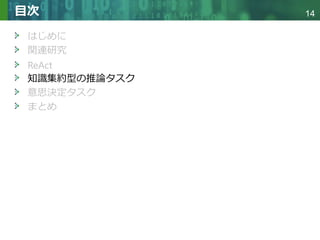 Copyright © 2020 調和系工学研究室 - 北海道大学 大学院情報科学研究院 情報理工学部門 複合情報工学分野 – All rights reserved.
Copyright © 2020 調和系工学研究室 - 北海道大学 大学院情報科学研究院 情報理工学部門 複合情報工学分野 – All rights reserved.
14
目次
はじめに
関連研究
ReAct
知識集約型の推論タスク
意思決定タスク
まとめ
 