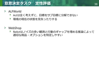 Copyright © 2020 調和系工学研究室 - 北海道大学 大学院情報科学研究院 情報理工学部門 複合情報工学分野 – All rights reserved.
Copyright © 2020 調和系工学研究室 - 北海道大学 大学院情報科学研究院 情報理工学部門 複合情報工学分野 – All rights reserved.
38
意思決定タスク 定性評価
ALFWorld
Actは全く考えずに、目標をサブ目標に分解できない
環境の現在の状態を見失ったりする
WebShop
ReActはノイズの多い観測と行動のギャップを埋める推論によって
適切な商品・オプションを特定しやすい
 