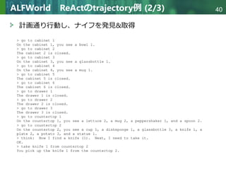 Copyright © 2020 調和系工学研究室 - 北海道大学 大学院情報科学研究院 情報理工学部門 複合情報工学分野 – All rights reserved.
Copyright © 2020 調和系工学研究室 - 北海道大学 大学院情報科学研究院 情報理工学部門 複合情報工学分野 – All rights reserved.
40
ALFWorld ReActのtrajectory例 (2/3)
計画通り行動し、ナイフを発見&取得
 
