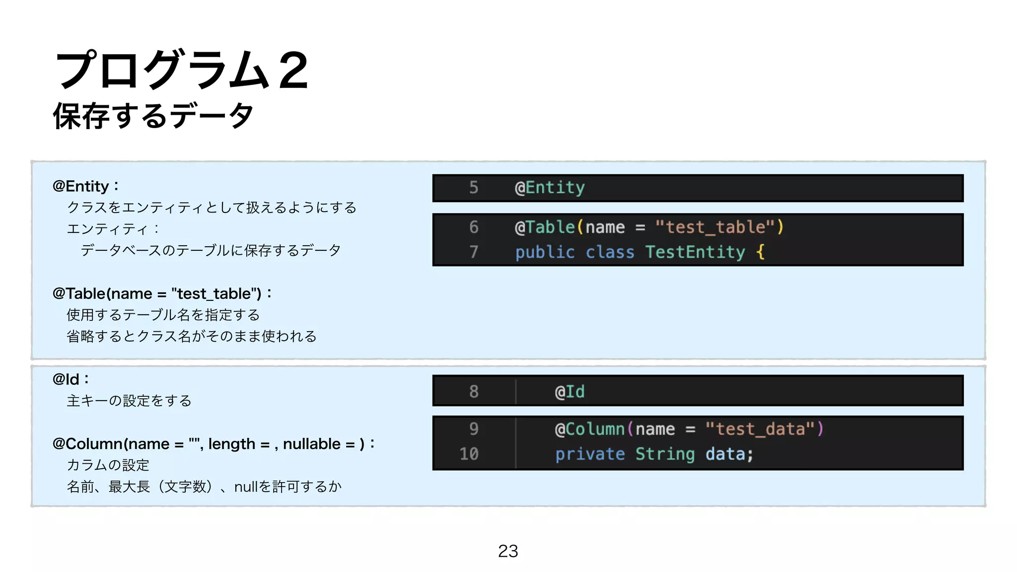 プログラム２
@Entity：
クラスをエンティティとして扱えるようにする
エンティティ：
データベースのテーブルに保存するデータ
@Table(name = "test̲table")：
使用するテーブル名を指定する
省略するとクラス名がそのまま使われる
@Id：
主キーの設定をする
@Column(name = "", length = , nullable = )：
カラムの設定
名前、最大長（文字数）、nullを許可するか
保存するデータ
23
 