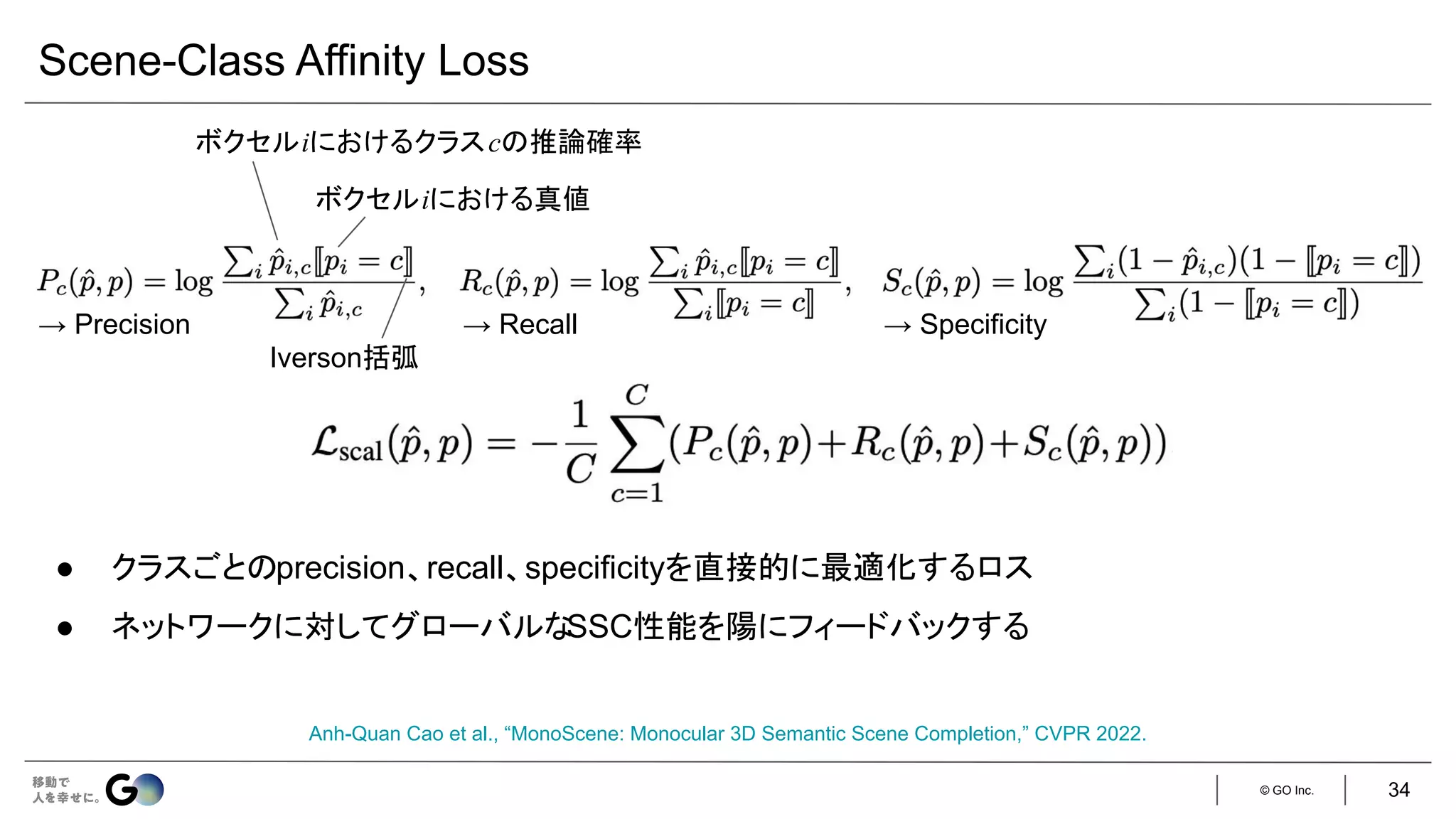 © GO Inc. 34
Scene-Class Affinity Loss
Anh-Quan Cao et al., “MonoScene: Monocular 3D Semantic Scene Completion,” CVPR 2022.
ボクセルiにおける真値
ボクセルiにおけるクラスcの推論確率
Iverson括弧
→ Precision → Recall → Specificity
● クラスごとのprecision、recall、specificityを直接的に最適化するロス
● ネットワークに対してグローバルな
SSC性能を陽にフィードバックする
 