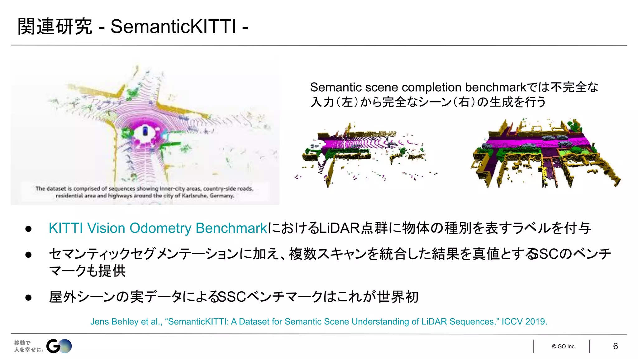 © GO Inc.
関連研究 - SemanticKITTI -
Jens Behley et al., “SemanticKITTI: A Dataset for Semantic Scene Understanding of LiDAR Sequences,” ICCV 2019.
Semantic scene completion benchmarkでは不完全な
入力（左）から完全なシーン（右）の生成を行う
● KITTI Vision Odometry BenchmarkにおけるLiDAR点群に物体の種別を表すラベルを付与
● セマンティックセグメンテーションに加え、複数スキャンを統合した結果を真値とする
SSCのベンチ
マークも提供
● 屋外シーンの実データによるSSCベンチマークはこれが世界初
6
 
