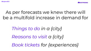 As per forecasts we knew there will
be a multifold increase in demand for
Things to do in a {city}
Reasons to visit a {city}
Book tickets for {experiences}
#BrightonSEO
 