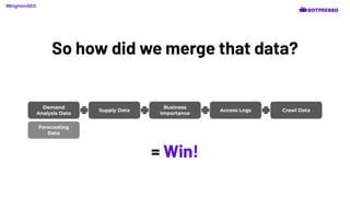 So how did we merge that data?
Demand
Analysis Data
Supply Data
Business
Importance
Access Logs Crawl Data
#BrightonSEO
= Win!
Forecasting
Data
 