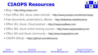 CIAOPS Resources
• Blog – http://blog.ciaops.com
• Free Office 365, Azure video tutorials – http://www.youtube.com/directorciaops
• Free documents, presentations, eBooks – http://slideshare.net/directorcia
• Office 365, Azure, Cloud podcast – http://ciaops.podbean.com
• Office 365, Azure online training courses – http://www.ciaopsacademy.com
• Office 365 and Azure community – http://www.ciaopspatron.com
• CIAOPS Github – https://github.com/directorcia
Twitter
@directorcia
Facebook
https://www.facebook.com/ciaops
Email
director@ciaops.com
Skype for Business
admin@ciaops365.com
 