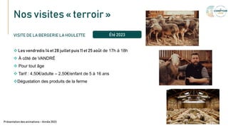 Nos visites « terroir »
Texte
Présentation des animations – Année 2023
VISITE DE LA BERGERIE LA HOULETTE
 Les vendredis 14 et 28 juillet puis 11 et 25 août de 17h à 18h
 À côté de VANDRÉ
 Pour tout âge
 Tarif : 4,50€/adulte – 2,50€/enfant de 5 à 16 ans
Dégustation des produits de la ferme
Été 2023
 