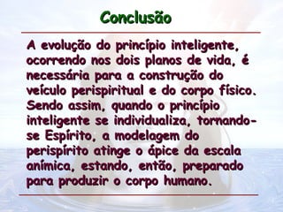 Conclusão
Conclusão
A evolução do princípio inteligente,
A evolução do princípio inteligente,
ocorrendo nos dois planos de vida, é
ocorrendo nos dois planos de vida, é
necessária para a construção do
necessária para a construção do
veículo perispiritual e do corpo físico.
veículo perispiritual e do corpo físico.
Sendo assim, quando o princípio
Sendo assim, quando o princípio
inteligente se individualiza, tornando-
inteligente se individualiza, tornando-
se Espírito, a modelagem do
se Espírito, a modelagem do
perispírito atinge o ápice da escala
perispírito atinge o ápice da escala
anímica, estando, então, preparado
anímica, estando, então, preparado
para produzir o corpo humano.
para produzir o corpo humano.
 