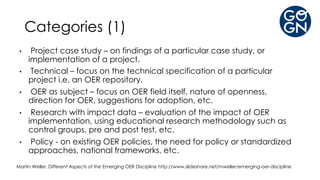 Categories (1)
• Project case study – on findings of a particular case study, or
implementation of a project.
• Technical – focus on the technical specification of a particular
project i.e. an OER repository.
• OER as subject – focus on OER field itself, nature of openness,
direction for OER, suggestions for adoption, etc.
• Research with impact data – evaluation of the impact of OER
implementation, using educational research methodology such as
control groups, pre and post test, etc.
• Policy - on existing OER policies, the need for policy or standardized
approaches, national frameworks, etc.
Martin Weller, Different Aspects of the Emerging OER Discipline http://www.slideshare.net/mweller/emerging-oer-discipline
 