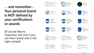 … and remember…
Your personal brand
is NOT defined by
your certifications
or awards
Of course they’re
important, but only if you
use them wisely and in the
right context!
 