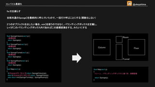 for文を減らす
全部共通のSponge()を最終的に呼んでいたので、一回だけ呼ぶことにする（関数化しない）
2つのオブジェクトを出したい場合、min()を使うのではなく、バウンディングボックスを定義し、
レイがこのバウンディングボックス内であればこの座標変換をする、みたいにする
コンパイル最適化
float SpongeColumn(vec3 p) {
//座標変換
return Sponge(p);
}
float SpongeFloor(vec3 p) {
//座標変換
return Sponge(p);
}
float SpongeTunnel(vec3 p) {
//座標変換
return Sponge(p);
}
float SpongeRoom(vec3 p) {
//座標変換
return Sponge(p);
}
float Map(vec3 p)
{
if(//Scene()が3, 7のとき) return SpongeColumn(p);
else if(//Scene()が2, 6のとき) return SpongeFloor(p);
else return min(SpongeTunnel(p), SpongeRoom(p));
}
float Map(vec3 p)
{
//シーン、バウンディングボックスに基づき、座標変換
return Sponge(p);
}
Column Floor
Room
Tunnel
@ukeyshima
 