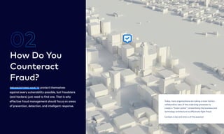 Organizationshavetoprotectthemselves  
againsteveryvulnerabilitypossible,butfraudsters
(andhackers)justneedtofindone.Thatiswhy
effectivefraudmanagementshouldfocusonareas
ofprevention,detection,andintelligentresponse.
How Do You 
Counteract  
Fraud?
02
5
Today,manyorganizationsaretakingamoreholistic,
collaborativeviewoftheunderlyingprocessesto
createa“fusioncenter”–streamliningthebusinessand
technologyarchitecturetoeffectivelyfightfraud.

Contextiskeyandtimeisoftheessence!
Today,manyorganizationsaretakingamoreholistic,
collaborativeviewoftheunderlyingprocessesto
createa“fusioncenter”–streamliningthebusinessand
technologyarchitecturetoeffectivelyfightfraud.

Contextiskeyandtimeisoftheessence!
 