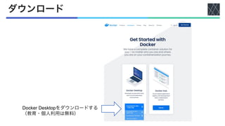 ダウンロード
Docker Desktopをダウンロードする
（教育・個人利用は無料）
 