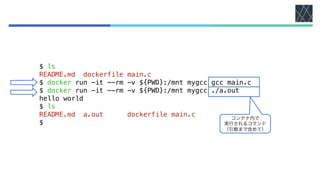 コンテナ内で
実行されるコマンド
（引数まで含めて）
$ ls
README.md dockerfile main.c
$ docker run -it --rm -v ${PWD}:/mnt mygcc gcc main.c
$ docker run -it --rm -v ${PWD}:/mnt mygcc ./a.out
hello world
$ ls
README.md a.out dockerfile main.c
$
 