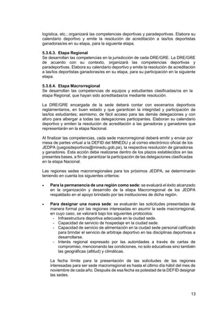 13
logística, etc.; organizará las competencias deportivas y paradeportivas. Elabora su
calendario deportivo y emite la resolución de acreditación a las/los deportistas
ganadoras/es en su etapa, para la siguiente etapa.
5.3.6.3. Etapa Regional
Se desarrollan las competencias en la jurisdicción de cada DRE/GRE. La DRE/GRE
de acuerdo con su contexto, organizará las competencias deportivas y
paradeportivas. Elabora su calendario deportivo y emite la resolución de acreditación
a las/los deportistas ganadoras/es en su etapa, para su participación en la siguiente
etapa.
5.3.6.4. Etapa Macrorregional
Se desarrollan las competencias de equipos y estudiantes clasificadas/os en la
etapa Regional, que hayan sido acreditadas/os mediante resolución.
La DRE/GRE encargada de la sede deberá contar con escenarios deportivos
reglamentarios, en buen estado y que garanticen la integridad y participación de
las/los estudiantes; asimismo, de fácil acceso para las demás delegaciones y con
aforo para albergar a todas las delegaciones participantes. Elaboran su calendario
deportivo y emiten la resolución de acreditación a las ganadoras y ganadores que
representarán en la etapa Nacional.
Al finalizar las competencias, cada sede macrorregional deberá emitir y enviar por
mesa de partes virtual a la DEFID del MINEDU y al correo electrónico oficial de los
JEDPA (juegosdeportivos@minedu.gob.pe), la respectiva resolución de ganadoras
y ganadores. Esta acción debe realizarse dentro de los plazos establecidos en las
presentes bases, a fin de garantizar la participación de las delegaciones clasificadas
en la etapa Nacional.
Las regiones sedes macrorregionales para los próximos JEDPA, se determinarán
teniendo en cuenta los siguientes criterios:
 Para la permanencia de una región como sede: se evaluará el éxito alcanzado
en la organización y desarrollo de la etapa Macrorregional de los JEDPA
respaldado en el apoyo brindado por las instituciones de dicha región.
 Para designar una nueva sede: se evaluarán las solicitudes presentadas de
manera formal por las regiones interesadas en asumir la sede macrorregional,
en cuyo caso, se valorará bajo los siguientes protocolos:
- Infraestructura deportiva adecuada en la ciudad sede.
- Capacidad de servicio de hospedaje en la ciudad sede.
- Capacidad de servicio de alimentación en la ciudad sede personal calificado
para brindar el servicio de arbitraje deportivo en las disciplinas deportivas a
desarrollarse.
- Interés regional expresado por las autoridades a través de cartas de
compromiso, mencionando las condiciones, no solo educativas sino también
las geográficas (altitud) y climáticas.
La fecha límite para la presentación de las solicitudes de las regiones
interesadas para ser sede macrorregional es hasta el último día hábil del mes de
noviembre de cada año. Después de esa fecha es potestad de la DEFID designar
las sedes.
 