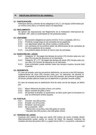 67
IX. DISCIPLINA DEPORTIVA DE HANDBALL
9.1 PARTICIPACIÓN:
Participan damas y varones de las categorías A, B y C, con equipo conformados por
un mínimo cinco (05) y un máximo doce (12) deportistas.
9.2 REGLAMENTO:
Se aplican las disposiciones del Reglamento de la Federación Internacional de
Handball - IHF, salvo lo contemplado en las presentes bases.
9.3 UNIFORME:
9.3.1 Numeración obligatoria en pecho (mínimo 15 cm.) y espalda, (20 cm.).
9.3.2 Prohibido manga larga en las camisetas de los jugadores.
9.3.3 Los deportistas deben de utilizar medias a media canilla.
9.3.4 Las camisetas de los porteros deben de diferenciarse de las camisetas de
los otros jugadores de su equipo.
9.3.5 Los porteros deben de tener el mismo color de camisetas.
9.4 DURACIÓN DEL JUEGO:
9.4.1 Categoría “A”: Se juegan dos tiempos de quince (15) minutos cada uno, con
diez (10) minutos de descanso en el intermedio,
9.4.2 Categoría “B” y “C”: Se juegan dos tiempos de veinte (20) minutos cada uno,
con diez (10) minutos de descanso en el intermedio.
9.4.3 Cada entrenador puede solicitar hasta tres tiempos muertos durante todo
el partido.
9.5 DESEMPATE:
En caso de empate, para los encuentros definitorios, se recurre a dos (02) tiempos
suplementarios de cinco (05) minutos cada uno, sin descanso; de persistir la
igualdad se procede al lanzamiento de cinco (05) penales, de continuar la igualdad
se lanzan penales alternos hasta que se determine un ganador (muerte súbita).
En caso de empate para la clasificación final de cada una de las etapas, se define
por:
9.5.1 Mayor diferencia de goles a favor y en contra.
9.5.2 Mayor cantidad de goles a favor.
9.5.3 De persistir el empate, la supremacía, es decir quién ganó el encuentro en
que se enfrentaron ambos equipos.
9.6 PUNTAJE:
9.6.1 Ganador: dos (02) puntos.
9.6.2 Empate: uno (01) puntos.
9.6.3 Perdedor: cero (0) punto.
9.6.4 No se presentó – WO*.
* Menos dos (-2) puntos y dos (02) goles en contra.
* Ganador dos (02) puntos y dos (02) goles a favor.
9.7 TERRENO DE JUEGO:
Cuarenta (40) metros de largo por veinte (20) metros de ancho (medida oficial).
Alternativamente puede usarse un campo de futsal. Se requiere mantener las
medidas del área del portero (06 m.) y golpe franco (09 m.). La portería, colocada en
 