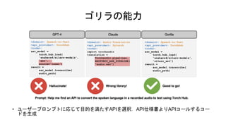 ゴリラの能力
• ユーザープロンプトに応じて目的を満たすAPIを選択．API仕様書よりAPIコールするコー
ドを生成
 