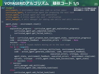 Copyright © 2020 調和系工学研究室 - 北海道大学 大学院情報科学研究院 情報理工学部門 複合情報工学分野 – All rights reserved.
Copyright © 2020 調和系工学研究室 - 北海道大学 大学院情報科学研究院 情報理工学部門 複合情報工学分野 – All rights reserved.
23
VOYAGERのアルゴリズム 疑似コード 1/5
あ
def voyager(
environment, # environment that uses code as action space
curriculum_agent, # curriculum agent for proposing the next task
action_agent, # action agent for code generation
critic_agent, # critic agent for self - verification
skill_manager, # skill manager for adding new skills and skill retrieval
):
agent_state = environment.reset()
while True:
exploration_progress = curriculum_agent.get_exploration_progress(
curriculum_agent.get_completed_tasks(),
curriculum_agent.get_failed_tasks(),
)
task = curriculum_agent.propose_next_task(agent_state, exploration_progress)
code = environment_feedback = execution_errors = critique = None
success = False
# try at most 4 rounds before moving on to the next task
for i in range(4):
skills = skill_manager.retrieve_skills(task, environment_feedback)
code = action_agent.generate_code(task, code, environment_feedback,
execution_errors, critique, skills)
agent_state, environment_feedback, execution_errors = environment.step(code)
success, critique = critic_agent.check_task_success(task, agent_state)
if success: break
if success:
skill_manager.add_skill(code)
curriculum_agent.add_completed_task(task)
else:
curriculum_agent.add_failed_task(task)
スライド１ページに収めるために
論文の疑似コードから一部変更
 