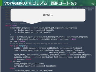 Copyright © 2020 調和系工学研究室 - 北海道大学 大学院情報科学研究院 情報理工学部門 複合情報工学分野 – All rights reserved.
Copyright © 2020 調和系工学研究室 - 北海道大学 大学院情報科学研究院 情報理工学部門 複合情報工学分野 – All rights reserved.
27
VOYAGERのアルゴリズム 疑似コード 5/5
あ
def voyager(
environment, # environment that uses code as action space
curriculum_agent, # curriculum agent for proposing the next task
action_agent, # action agent for code generation
critic_agent, # critic agent for self - verification
skill_manager, # skill manager for adding new skills and skill retrieval
):
agent_state = environment.reset()
while True:
exploration_progress = curriculum_agent.get_exploration_progress(
curriculum_agent.get_completed_tasks(),
curriculum_agent.get_failed_tasks(),
)
task = curriculum_agent.propose_next_task(agent_state, exploration_progress)
code = environment_feedback = execution_errors = critique = None
success = False
# try at most 4 rounds before moving on to the next task
for i in range(4):
skills = skill_manager.retrieve_skills(task, environment_feedback)
code = action_agent.generate_code(task, code, environment_feedback,
execution_errors, critique, skills)
agent_state, environment_feedback, execution_errors = environment.step(code)
success, critique = critic_agent.check_task_success(task, agent_state)
if success: break
if success:
skill_manager.add_skill(code)
curriculum_agent.add_completed_task(task)
else:
curriculum_agent.add_failed_task(task)
スライド１ページに収めるために
論文の疑似コードから一部変更
繰り返し
 