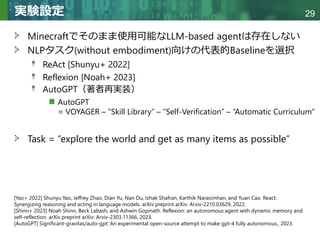 Copyright © 2020 調和系工学研究室 - 北海道大学 大学院情報科学研究院 情報理工学部門 複合情報工学分野 – All rights reserved.
Copyright © 2020 調和系工学研究室 - 北海道大学 大学院情報科学研究院 情報理工学部門 複合情報工学分野 – All rights reserved.
29
実験設定
Minecraftでそのまま使用可能なLLM-based agentは存在しない
NLPタスク(without embodiment)向けの代表的Baselineを選択
ReAct [Shunyu+ 2022]
Reflexion [Noah+ 2023]
AutoGPT（著者再実装）
AutoGPT
= VOYAGER – “Skill Library” – “Self-Verification” – “Automatic Curriculum”
Task = “explore the world and get as many items as possible”
[Yao+ 2022] Shunyu Yao, Jeffrey Zhao, Dian Yu, Nan Du, Izhak Shafran, Karthik Narasimhan, and Yuan Cao. React:
Synergizing reasoning and acting in language models. arXiv preprint arXiv: Arxiv-2210.03629, 2022.
[Shinn+ 2023] Noah Shinn, Beck Labash, and Ashwin Gopinath. Reflexion: an autonomous agent with dynamic memory and
self-reflection. arXiv preprint arXiv: Arxiv-2303.11366, 2023.
[AutoGPT] Significant-gravitas/auto-gpt: An experimental open-source attempt to make gpt-4 fully autonomous., 2023.
 