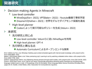 Copyright © 2020 調和系工学研究室 - 北海道大学 大学院情報科学研究院 情報理工学部門 複合情報工学分野 – All rights reserved.
Copyright © 2020 調和系工学研究室 - 北海道大学 大学院情報科学研究院 情報理工学部門 複合情報工学分野 – All rights reserved.
42
関連研究
Decision-making Agents in Minecraft
Low-level controller
MineDojo[Fan+ 2022], VPT[Baker+ 2022]：Youtube動画で事前学習
DreamerV3[Hafner+ 2023]：世界モデルでダイアモンド採掘を達成
High-level planner
Codexによって実行可能なポリシーを生成 [Volum+ 2022]
本研究
先行研究と同じ点
Low-level controller: Volumらに従いMineflayerを利用
High-level planner: GPT-4
先行研究と異なる点
Automatic Curriculumによるオープンエンドな探索
[Fan+ 2022] Linxi Fan, et.al. Minedojo: Building open-ended embodied agents with internet-scale knowledge. arXiv preprint arXiv:
Arxiv-2206.08853, 2022.
[Baker+ 2022] Bowen Baker, et.al. Video pretraining (vpt): Learning to act by watching unlabeled online videos. arXiv preprint arXiv:
Arxiv-2206.11795, 2022.
[Hafner+ 2023] Danijar Hafner, et.al. Mastering diverse domains through world models. arXiv preprint arXiv: Arxiv-2301.04104, 2023.
[Volum+ 2022] Ryan Volum, et.al. Craft an iron sword: Dynamically generating interactive game characters by prompting large
language models tuned on code. In Proceedings of the 3rd Wordplay: When Language Meets Games Workshop (Wordplay 2022),
pages 25–43, Seattle, United States, 2022. Association for Computational Linguistics.
 