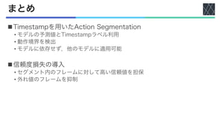 まとめ
nTimestampを用いたAction Segmentation
• モデルの予測値とTimestampラベル利用
• 動作境界を検出
• モデルに依存せず，他のモデルに適用可能
n信頼度損失の導入
• セグメント内のフレームに対して高い信頼値を担保
• 外れ値のフレームを抑制
 