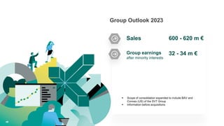 GESCO
AG
-
Annual
Press
and
Analyst
Conference
on
21
April
2022
48
GESCO
SE
-
Annual
General
Meeting
12.06.2023
Group Outlook 2023
 Scope of consolidation expanded to include BAV and
Connex (US) of the SVT Group
 Information before acquisitions
Sales 600 - 620 m €
Group earnings
after minority interests
32 - 34 m €
 