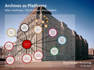 City Archive
platform
Library
Archive
Homesite
Family
search
website
Rheinland
Archiv
City
website
Archief.
Amsterdam
Research
groups
Open.
Amsterdam
Archive
Portal
Europe
Time
Machine
Archives as Platforms
Rheinischen Archivtag
15-06-2023
Marc Holtman, City Archives Amsterdam
 