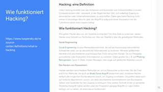 Wie funktioniert
Hacking?
https://www.kaspersky.de/re
source-
center/definitions/what-is-
hacking
12
 