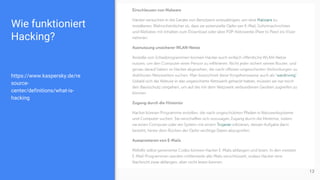 Wie funktioniert
Hacking?
https://www.kaspersky.de/re
source-
center/definitions/what-is-
hacking
13
 
