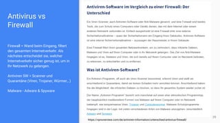 29
Antivirus vs
Firewall
Firewall = Wand beim Eingang, filtert
den gesamten Internetverkehr. Als
nächstes entscheidet sie, welcher
Internetverkehr sicher genug ist, um in
Ihr Netzwerk zu gelangen.
Antiviren SW = Scanner und
Quarantäne (Viren, Trojaner, Würmer,..)
Malware - Adware & Spyware
https://vpnoverview.com/de/antiviren-information/unterschied-antivirus-firewall/
 