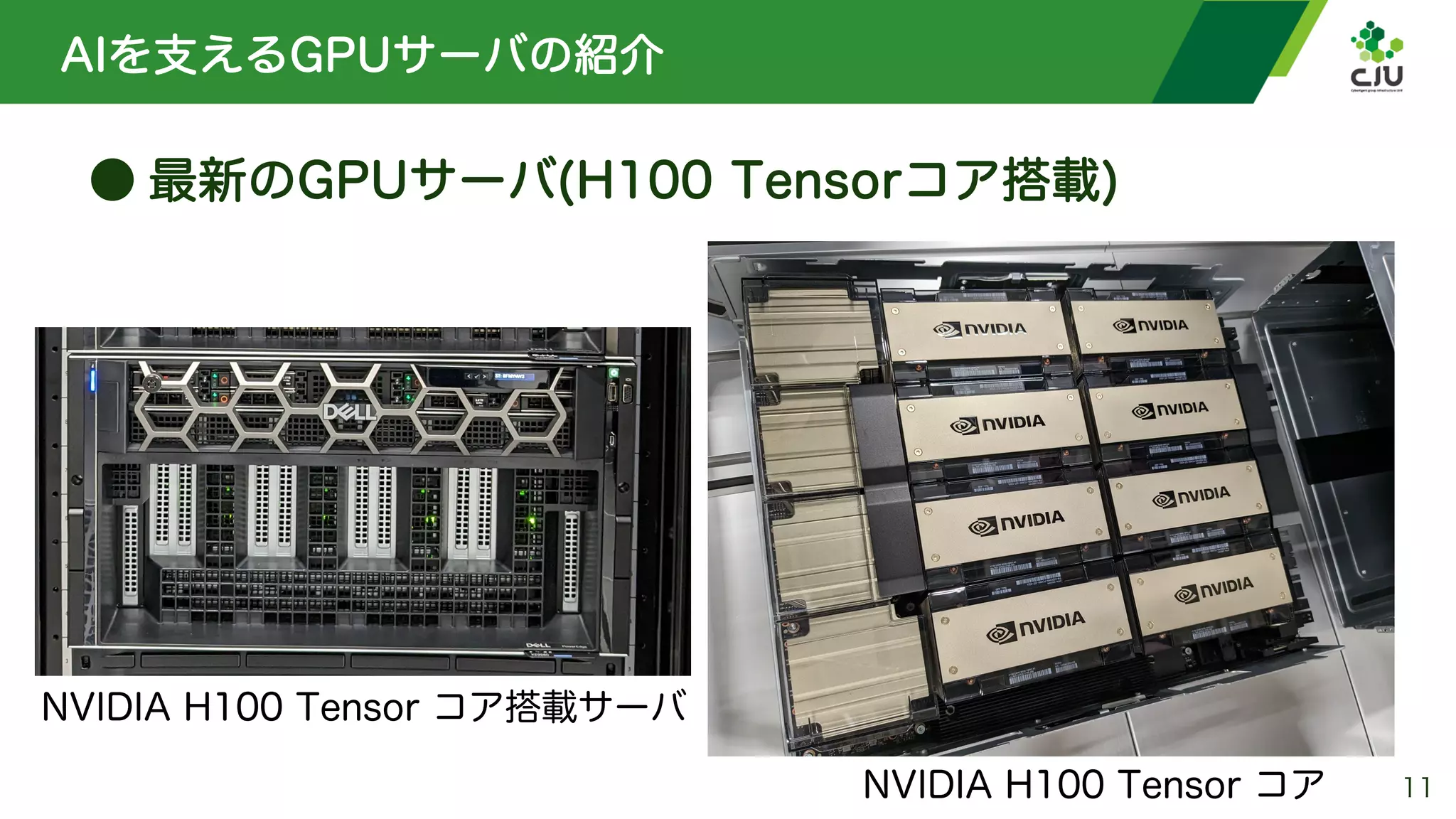 AIを支えるGPUサーバの紹介
● 最新のGPUサーバ(H100 Tensorコア搭載)
11
NVIDIA H100 Tensor コア
NVIDIA H100 Tensor コア搭載サーバ
 
