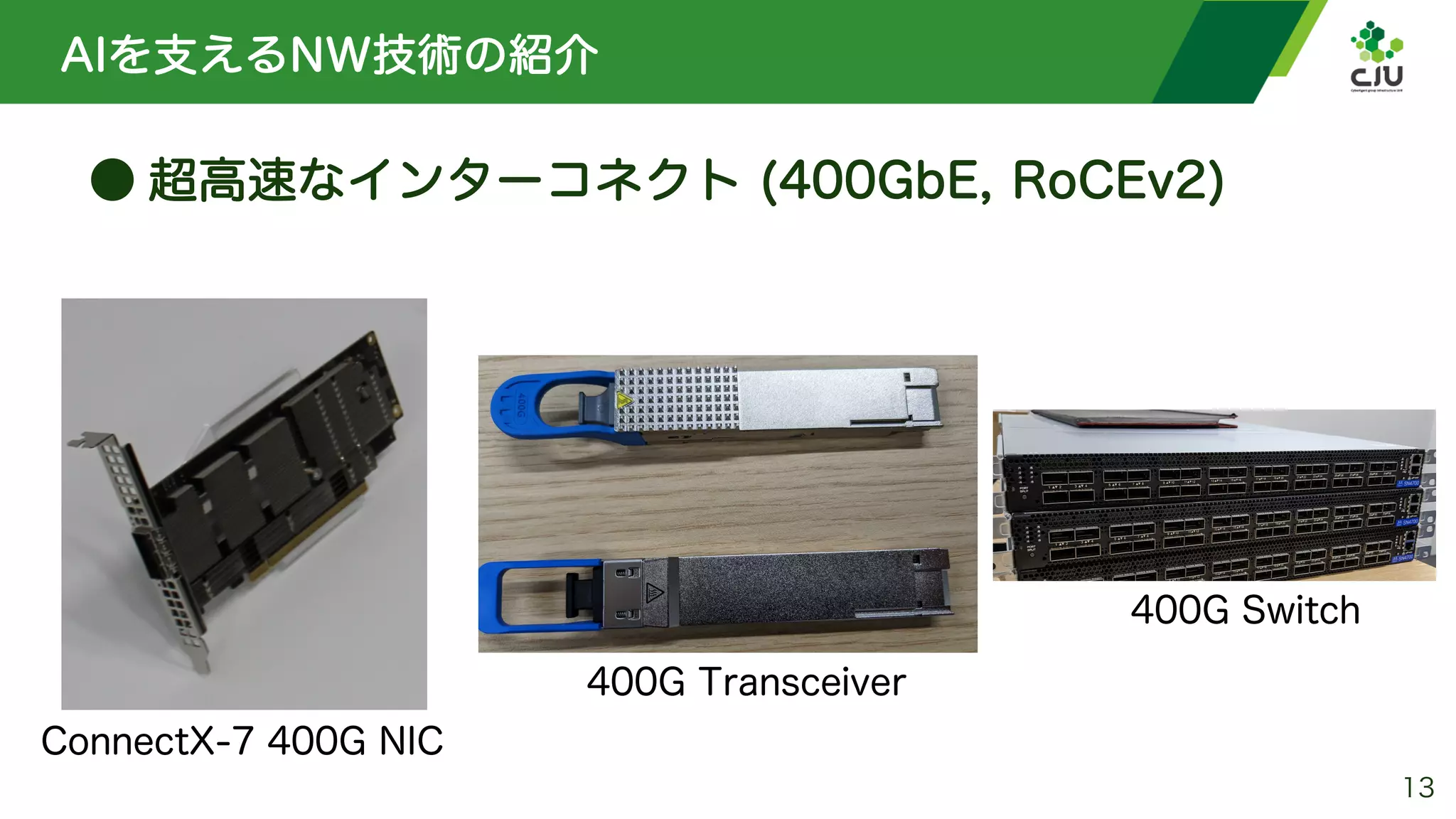 AIを支えるNW技術の紹介
● 超高速なインターコネクト (400GbE, RoCEv2)
13
400G Transceiver
ConnectX-7 400G NIC
400G Switch
 