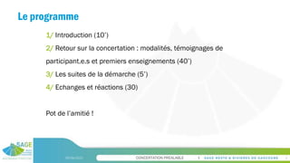 CONCERTATION PREALABLE
Le programme
09/06/2023 3
1/ Introduction (10’)
2/ Retour sur la concertation : modalités, témoignages de
participant.e.s et premiers enseignements (40’)
3/ Les suites de la démarche (5’)
4/ Echanges et réactions (30)
Pot de l’amitié !
 