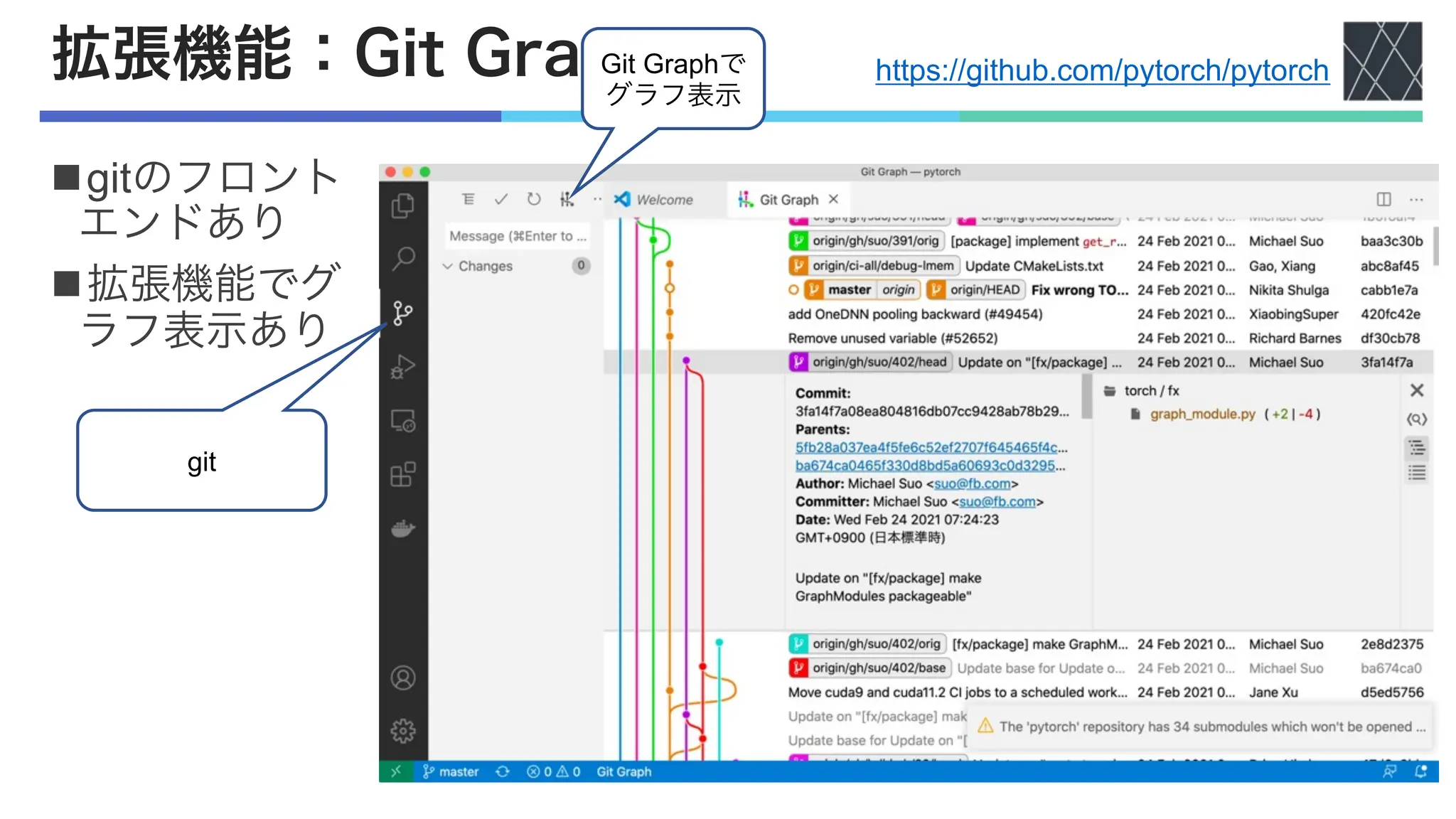 拡張機能：Git Graph
ngitのフロント
エンドあり
n拡張機能でグ
ラフ表示あり
git
Git Graphで
グラフ表示
https://github.com/pytorch/pytorch
 