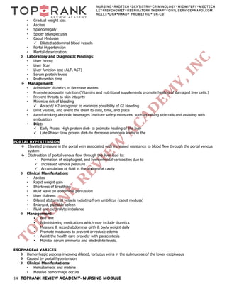 14 TOPRANK REVIEW ACADEMY- NURSING MODULE
NURSING*RADTECH*DENTISTRY*CRIMINOLOGY*MIDWIFERY*MEDTECH
LET*PSYCHOMET*RESPIRATORY THERAPY*CIVIL SERVICE*NAPOLCOM
NCLEX*DHA*HAAD* PROMETRIC* UK-CBT
• Gradual weight loss
• Ascites
• Splenomegaly
• Spider telangiectasis
• Caput Medusae
ü Dilated abdominal blood vessels
• Portal Hypertension
• Mental deterioration
v Laboratory and Diagnostic Findings:
• Liver biopsy
• Liver Scan
• Liver function test (ALT, AST)
• Serum protein levels
• Prothrombin time
v Management:
• Administer diuretics to decrease ascites.
• Promote adequate nutrition (Vitamins and nutritional supplements promote healing of damaged liver cells.)
• Prevent threats to skin integrity
• Minimize risk of bleeding
ü Antacid/ H2 antagonist to minimize possibility of GI bleeding
• Limit visitors, and orient the client to date, time, and place
• Avoid drinking alcoholic beverages Institute safety measures, such as raising side rails and assisting with
ambulation
• Diet:
ü Early Phase: High protein diet- to promote healing of the liver
ü Late Phase: Low protein diet- to decrease ammonia levels in the
PORTAL HYPERTENSION
v Elevated pressure in the portal vein associated with increased resistance to blood flow through the portal venous
system
v Obstruction of portal venous flow through the liver lead to:
• Formation of esophageal, and hemorrhoidal varicosities due to
ü Increased venous pressure
ü Accumulation of fluid in the abdominal cavity
v Clinical Manifestation:
• Ascites
• Rapid weight gain
• Shortness of breathing
• Fluid wave on abdominal percussion
• Liver dullness
• Dilated abdominal vessels radiating from umbilicus (caput medusa)
• Enlarged, palpable spleen
• Fluid and electrolyte imbalance
v Management:
• Bed rest
• Administering medications which may include diuretics
• Measure & record abdominal girth & body weight daily
• Promote measures to prevent or reduce edema
• Assist the health care provider with paracentesis
• Monitor serum ammonia and electrolyte levels.
ESOPHAGEAL VARICES
v Hemorrhagic process involving dilated, tortuous veins in the submucosa of the lower esophagus
v Caused by portal hypertension
v Clinical Manifestations:
• Hematemesis and melena
• Massive hemorrhage occurs
 