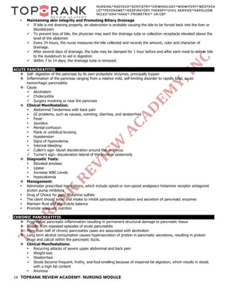 18 TOPRANK REVIEW ACADEMY- NURSING MODULE
NURSING*RADTECH*DENTISTRY*CRIMINOLOGY*MIDWIFERY*MEDTECH
LET*PSYCHOMET*RESPIRATORY THERAPY*CIVIL SERVICE*NAPOLCOM
NCLEX*DHA*HAAD* PROMETRIC* UK-CBT
• Maintaining skin integrity and Promoting Biliary Drainage
ü If bile is not draining properly, an obstruction is probably causing the bile to be forced back into the liver or
bloodstream
ü To prevent loss of bile, the physician may want the drainage tube or collection receptacle elevated above the
level of the abdomen
ü Every 24 hours, the nurse measures the bile collected and records the amount, color and character of
drainage.
ü After several days of drainage, the tube may be clamped for 1 hour before and after each meal to deliver bile
to the duodenum to aid in digestion
ü Within 7 to 14 days, the drainage tube is removed.
ACUTE PANCREATITIS
v Self- digestion of the pancreas by its own proteolytic enzymes, principally trypsin
v Inflammation of the pancreas ranging from a relative mild, self-limiting disorder to rapidly fatal, acute
hemorrhagic pancreatitis
v Cause
ü Alcoholism
ü Cholecystitis
ü Surgery involving or near the pancreas
v Clinical Manifestation:
• Abdominal Tenderness with back pain
• GI problems, such as nausea, vomiting, diarrhea, and steatorrhea
• Fever
• Jaundice
• Mental confusion
• Flank or umbilical bruising
• Hypotension
• Signs of hypovolemia
• Internal bleeding:
ü Cullen's sign- bluish discoloration around the umbilicus
ü Turner's sign- discoloration lateral of the trunk or posteriorly
v Diagnostic Tests:
• Elevated amylase
• Lipase
• Increase WBC Levels
• Hypocalcemia
v Management:
• Administer prescribed medications, which include opioid or non-opioid analgesics histamine receptor antagonist
proton pump inhibitors
• Drug of Choice for pain: Morphine sulfate
• The client should avoid oral intake to inhibit pancreatic stimulation and secretion of pancreatic enzymes
• Maintain fluid and electrolyte balance
• Promote adequate nutrition
CHRONIC PANCREATITIS
v Progressive pancreatic inflammation resulting in permanent structural damage to pancreatic tissue
v Results from repeated episodes of acute pancreatitis
v More than half of chronic pancreatitis cases are associated with alcoholism
v Long term alcohol consumption causes hypersecretion of protein in pancreatic secretions, resulting in protein
plugs and calculi within the pancreatic ducts.
v Clinical Manifestations:
• Recurring attacks of severe upper abdominal and back pain
• Weight loss
• Steatorrhea
ü Stools become frequent, frothy, and foul-smelling because of impaired fat digestion, which results in stools
with a high fat content
• Anorexia
 