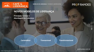 profrandes.com.br
Carismática Transacional Transformacional
MODELOS DE LIDERANÇA | TEORIAS E ABORDAGENS
NOVOS MODELOS DE LIDERANÇA
Principais Teorias e
Abordagens de Liderança
Fonte: Adaptado pelo autor de: Modelo de Fieldler
profrandes.com.br
 